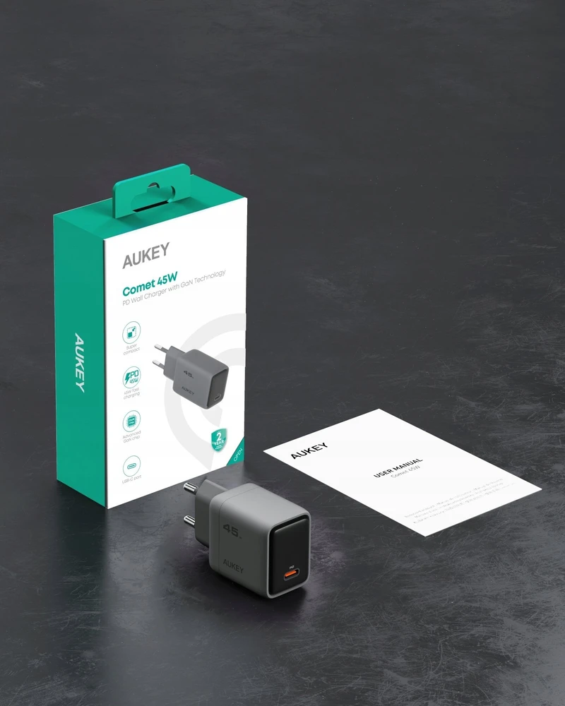 Sieninis įkroviklis 45W USB-C, PD GaN By Aukey Dark Pilkas
