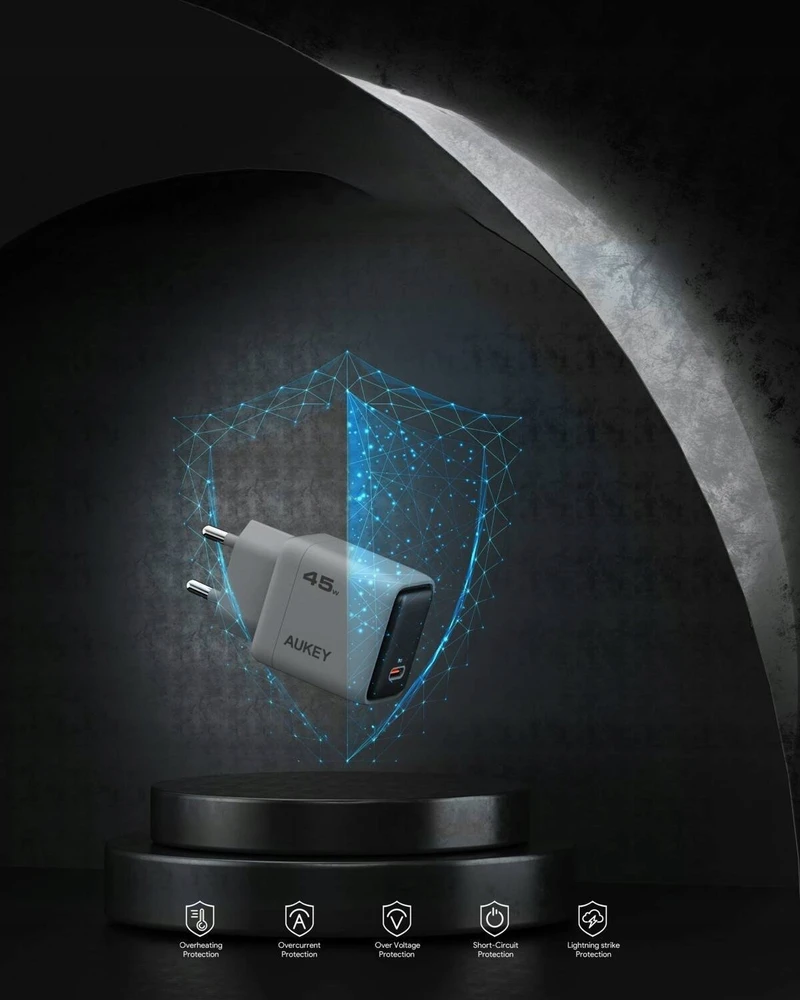 Sieninis įkroviklis 45W USB-C, PD GaN By Aukey Dark Pilkas