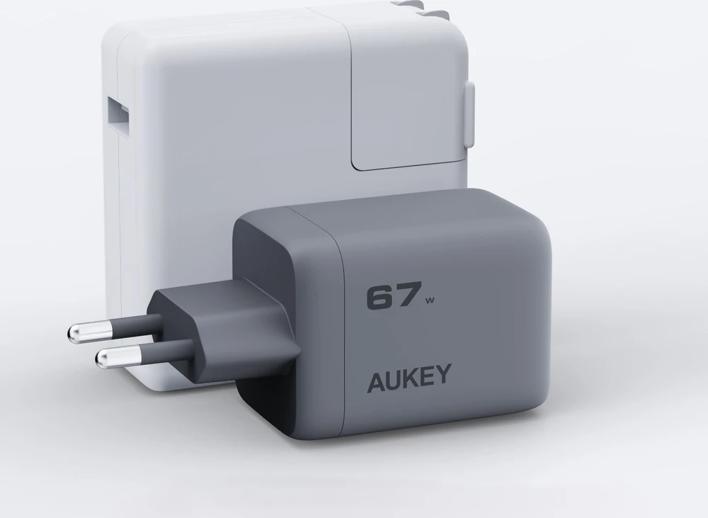 Sieninis įkroviklis 67W 2xUSB-C, 1xUSB, PD GaN by Aukey Dark Pilkas