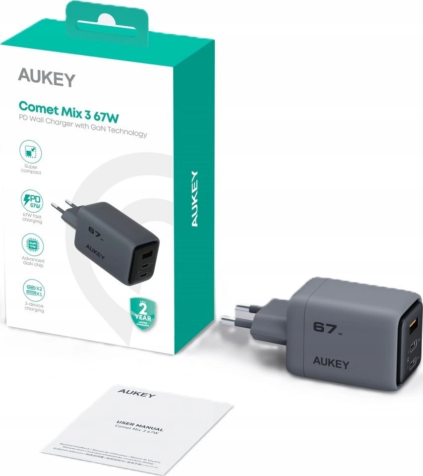Sieninis įkroviklis 67W 2xUSB-C, 1xUSB, PD GaN by Aukey Dark Pilkas