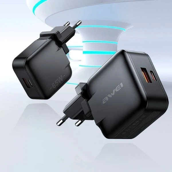 AWEI charger PD55-EU 65WUSB + USB-C juodos spalvos GaN