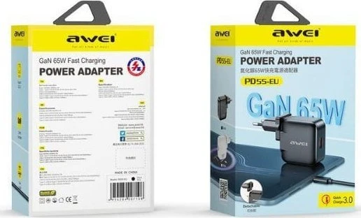 AWEI charger PD55-EU 65WUSB + USB-C juodos spalvos GaN