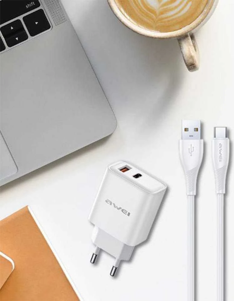 Įkroviklis Awei PD81L-EU 22.5W USB-A/USB-C + USB į Lightning laidas 1.0m baltas