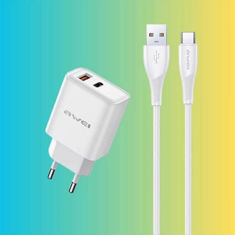 Įkroviklis Awei PD81L-EU 22.5W USB-A/USB-C + USB į Lightning laidas 1.0m baltas