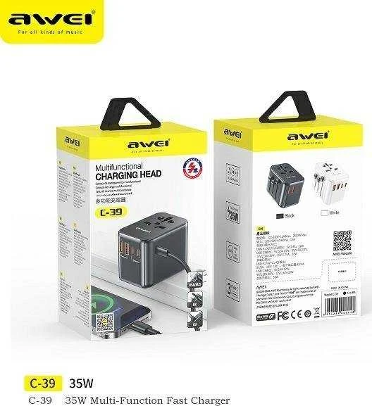 AWEI Laidinis įkroviklis 2xUSB+3xUSB-C C-39 35W4in1 US/AU/EU/UK juodos spalvos Univesal Travel GaN Charger