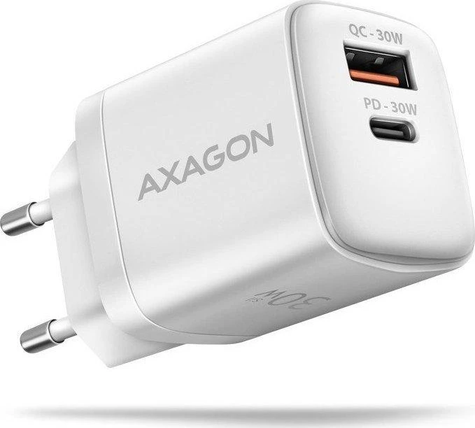 Axagon Sil sieninis įkroviklis 2x prievadas (USB-A + USB-C), PD3.0/QC4+/PPS/AFC/Apple. 30W bendra galia.