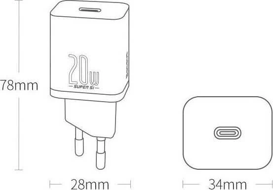 Baseus Sieninis įkroviklis Super Si 20W USB-C QC3.0 PD, juodas