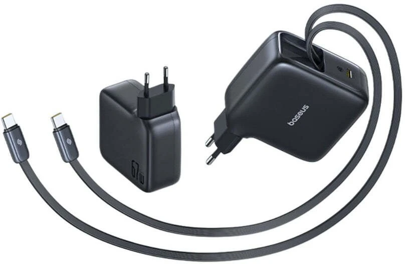 Įkroviklis Baseus EnerCore CJ21 67W su gniazdem USB-C i dwoma zwijanymi kablami USB-C - juoda