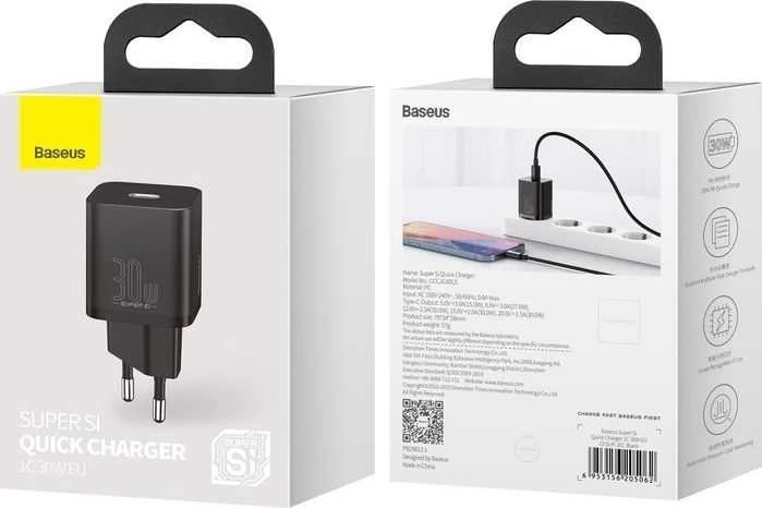 Baseus Sieninis įkroviklis Super Si 30W USB-C QC3.0 PD, juodas
