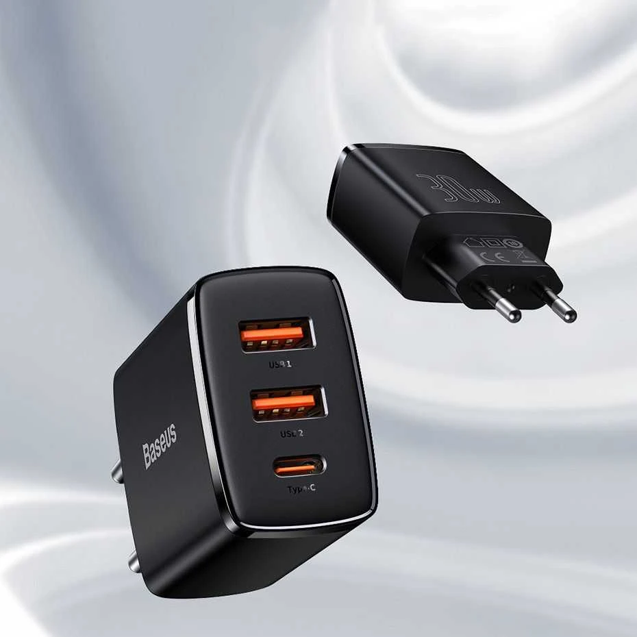 Baseus Sieninis įkroviklis 30W 2xUSB + USB-C QC3.0 PD3.0, baltas