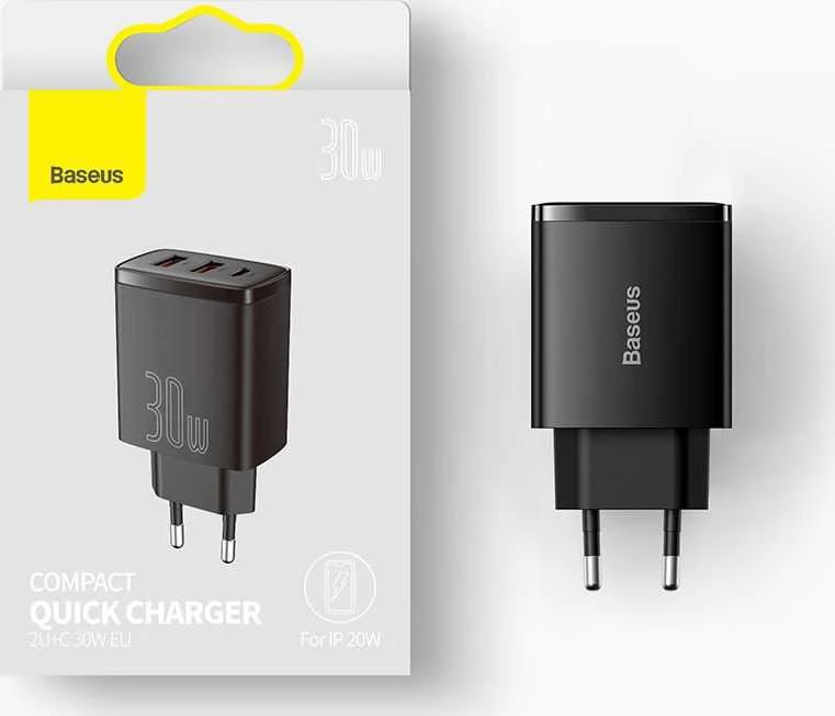 Baseus Sieninis įkroviklis 30W 2xUSB + USB-C QC3.0 PD3.0, baltas