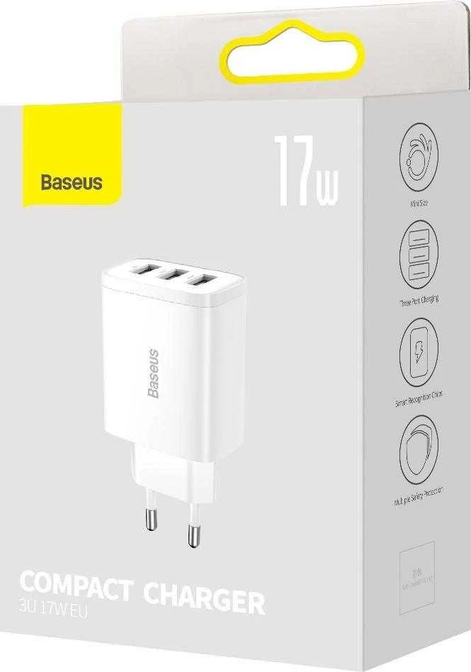 Baseus kompaktiškas greitas įkroviklis, 3x USB, 17W - baltas