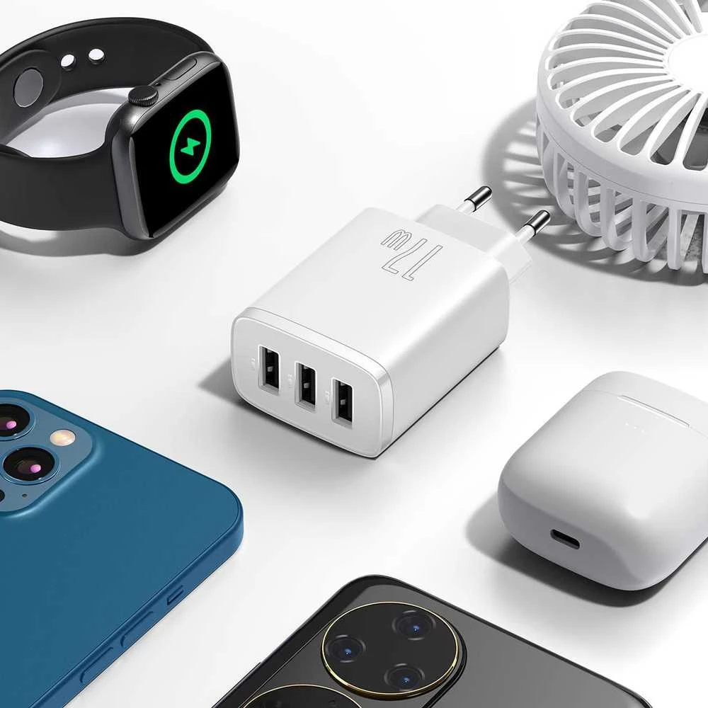 Baseus kompaktiškas greitas įkroviklis, 3x USB, 17W - baltas