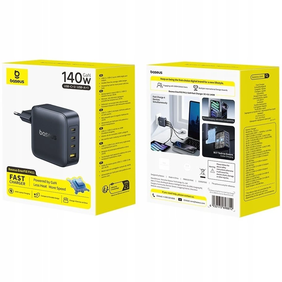 Baseus Sieninis įkroviklis EnerFill FH11 140W USB-A + 3xUSB-C QC PD3.1, juodas