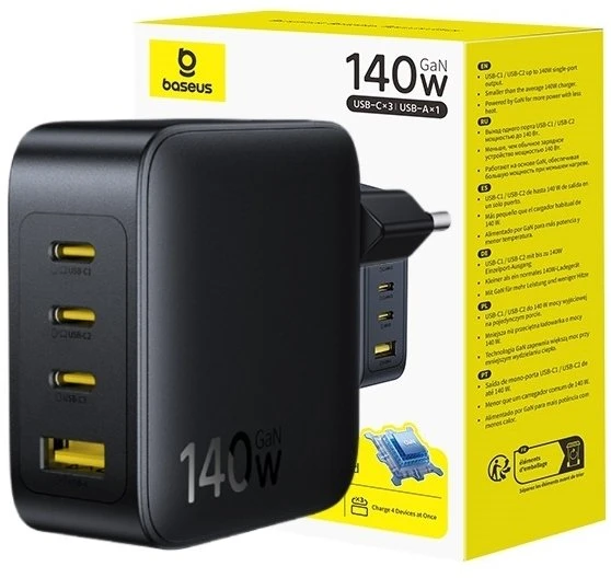 Baseus Sieninis įkroviklis EnerFill FH11 140W USB-A + 3xUSB-C QC PD3.1, juodas