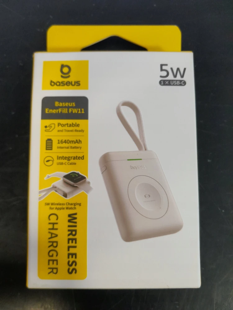 „Baseus EnerFill FW11“ išorinė baterija, 1640 mAh, 5W, skirta „Apple Watch“ su integruotu laidu - balta