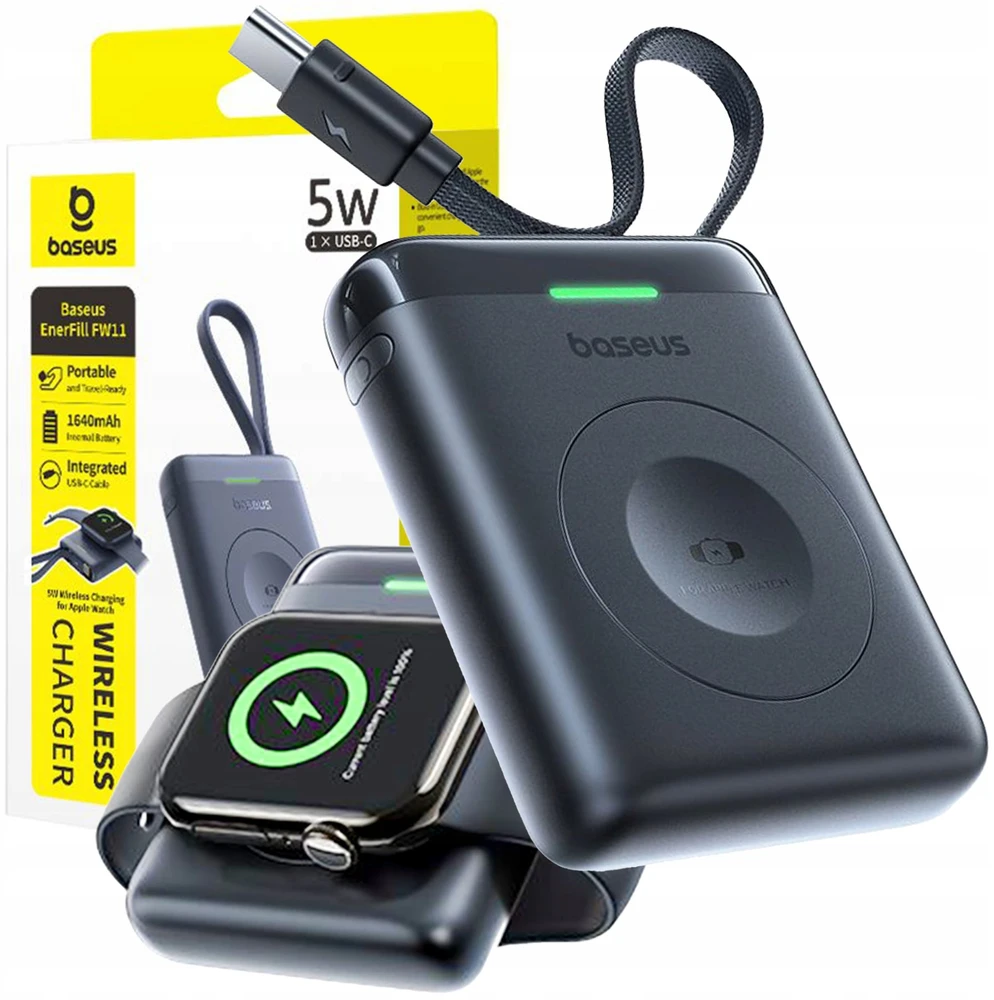 „Baseus EnerFill FW11“ išorinė baterija 1640 mAh 5W, skirta „Apple Watch“ su integruotu laidu - juoda