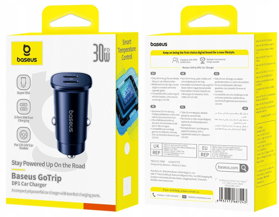 Baseus GoTrip automobilio įkroviklis 2x USB-C 30W Cosmic Juodas