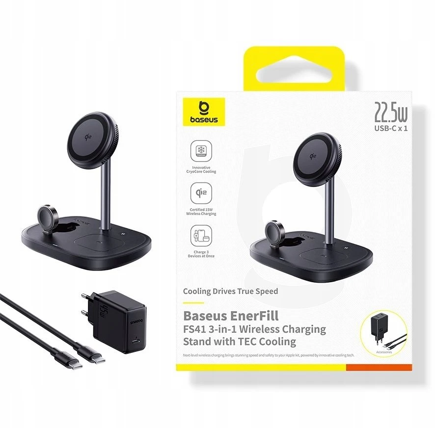 „Baseus EnerFill FS41 3in1“ aušinamas nešiojamas įkroviklis su ES kištuku, 45 W, USB-C į USB-C laidu - juodas