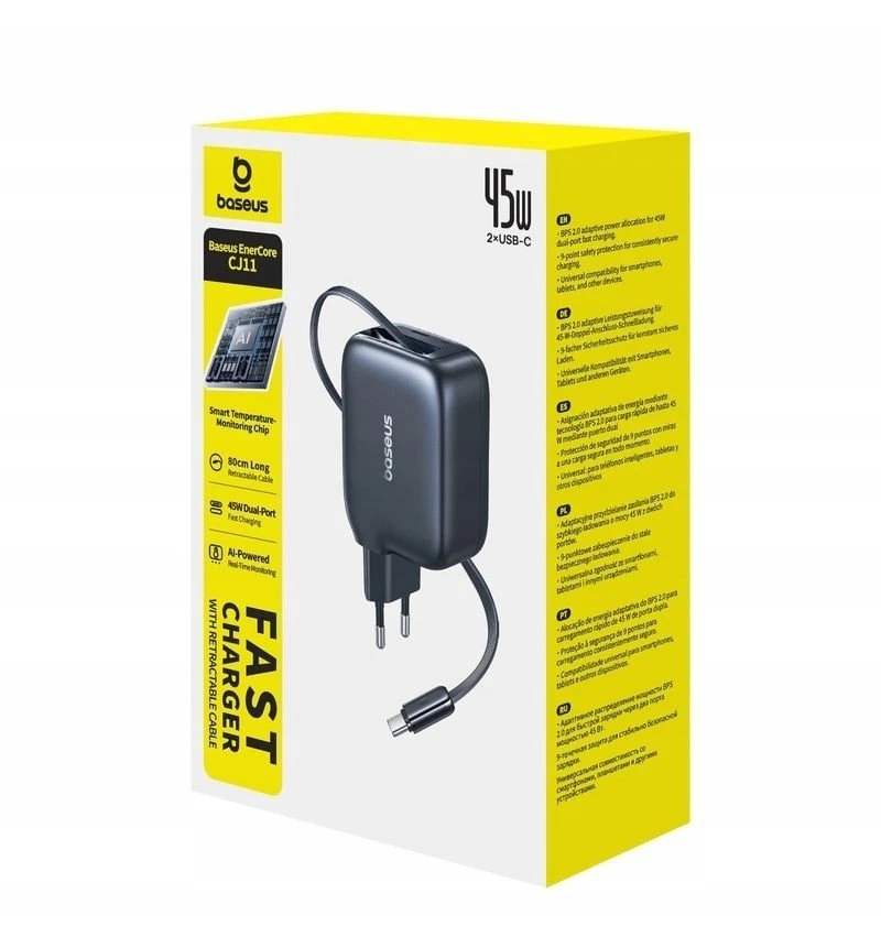 Baseus „EnerCore CJ11 45W su USB-C prievadu ir ištraukiamu USB-C laidu“ – juoda