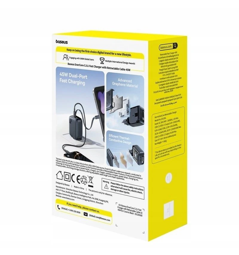 Baseus „EnerCore CJ11 45W su USB-C prievadu ir ištraukiamu USB-C laidu“ – juoda