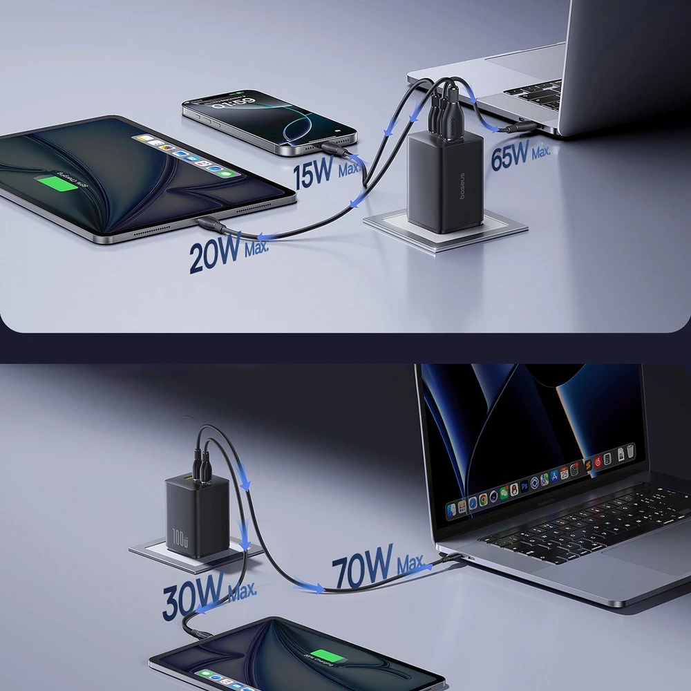 Baseus EnerFill FE11 100W 2 x USB-C + USB-A - juoda