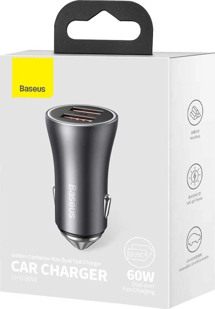 Baseus Golden Contactor Max automobilinis įkroviklis, 2x USB, 60W (pilka)