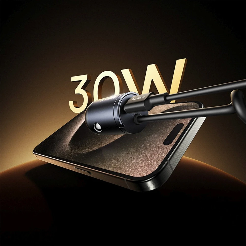 Baseus Automobilinis įkroviklis Tiny Star 30W 12-24V USB-C PD3.0 su integruotu USB-C kabeliu 30W 1.4m, juodas