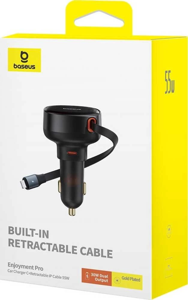 Automobilinis įkroviklis Baseus Enjoyment Pro su žaibo laidu + USB-C , 55 W (juodas)
