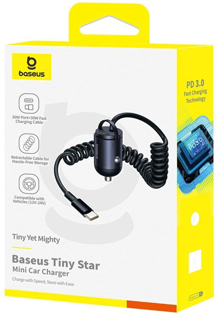 Baseus Automobilinis įkroviklis Tiny Star 30W 12-24V USB-C PD3.0 su integruotu USB-C kabeliu 30W 1.4m, juodas