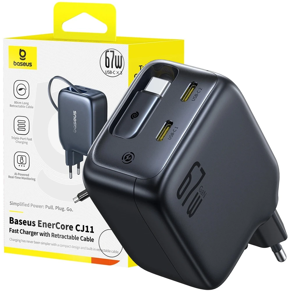 Baseus Sieninis įkroviklis EnerCore CJ11 67W 2xUSB-C su ištraukiamu USB-C kabeliu 0.8m, juodas