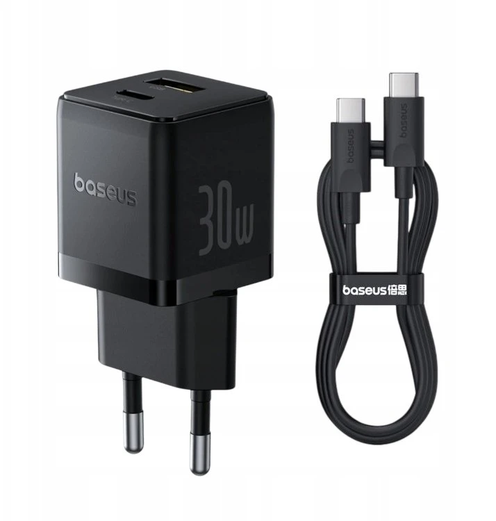 Baseus Sieninis įkroviklis Palm 30W USB + USB-C QC3.0 PD3.0 su USB-C kabeliu 1m, juodas
