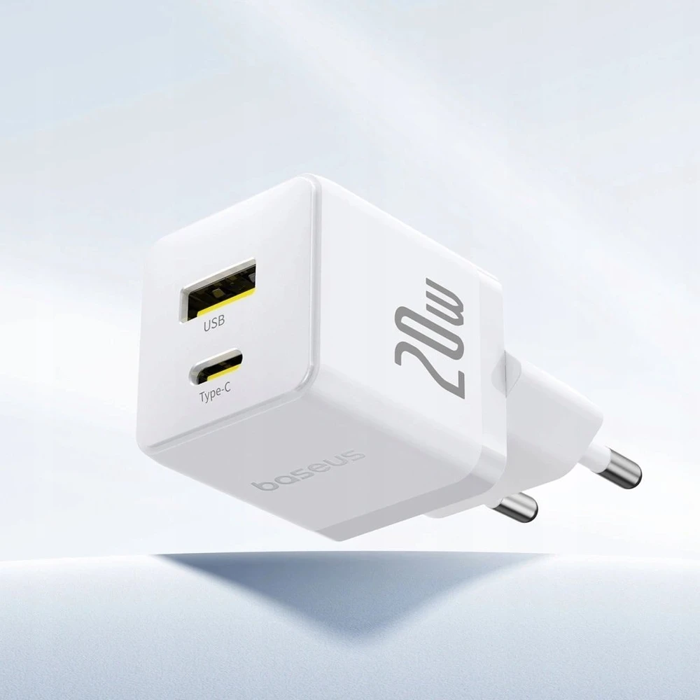 Baseus Sieninis įkroviklis Palm 20W USB + USB-C QC3.0 PD3.0 su USB-C kabeliu 1m, baltas