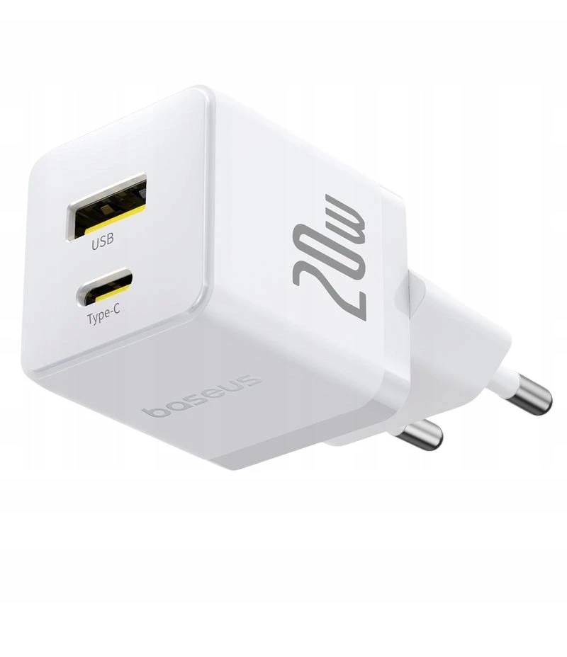 Baseus Sieninis įkroviklis Palm 20W USB + USB-C QC3.0 PD3.0 su USB-C kabeliu 1m, baltas