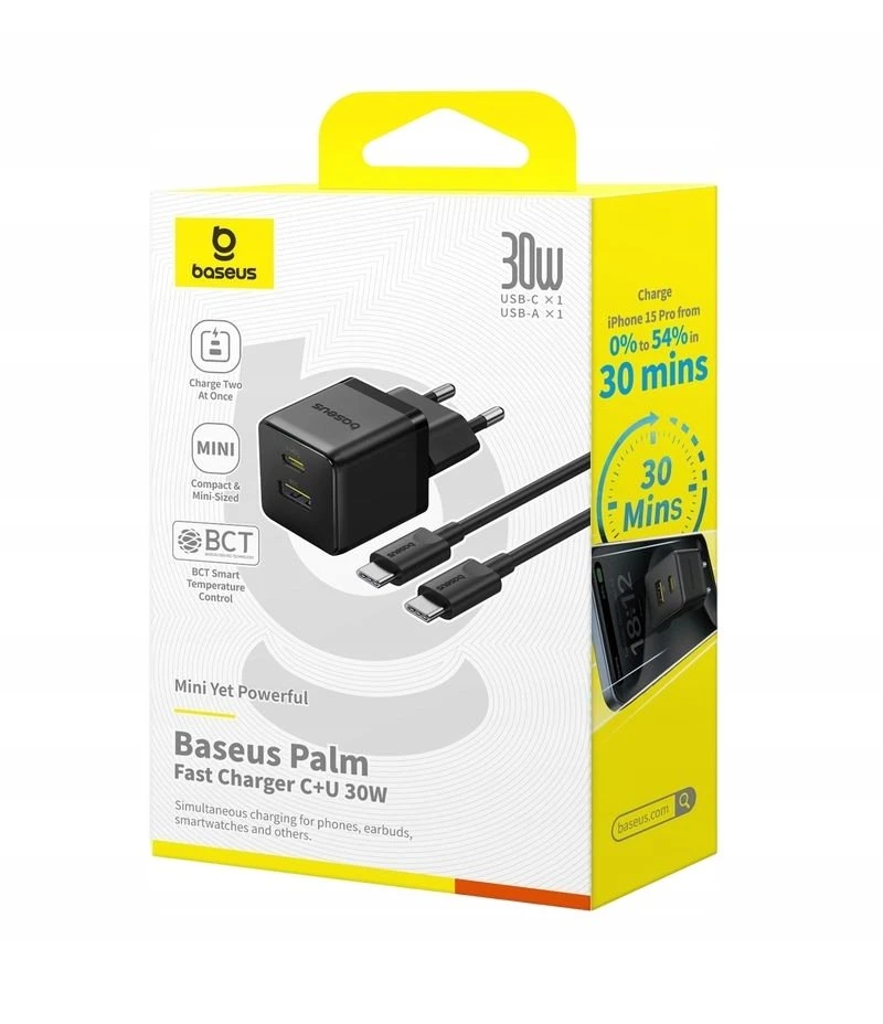 Baseus Sieninis įkroviklis Palm 30W USB + USB-C QC3.0 PD3.0 su USB-C kabeliu 1m, juodas