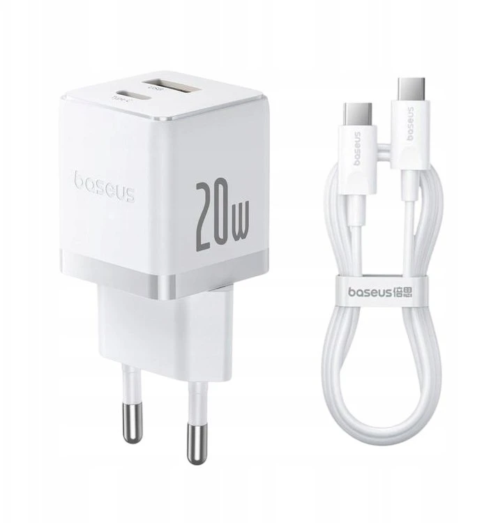 Baseus Sieninis įkroviklis Palm 20W USB + USB-C QC3.0 PD3.0 su USB-C kabeliu 1m, baltas