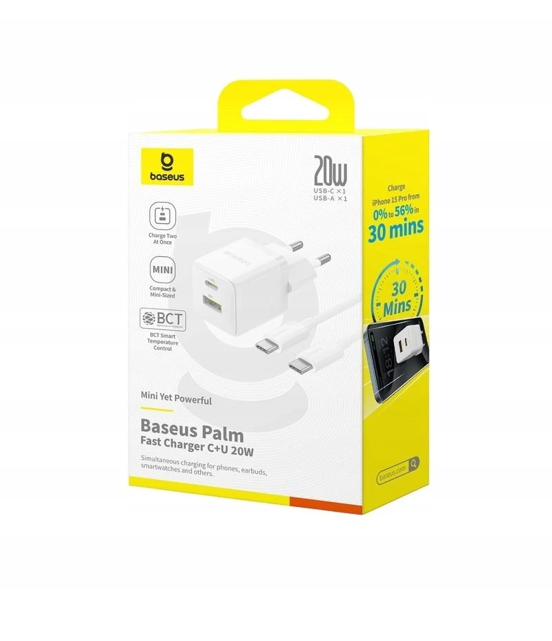 Baseus Sieninis įkroviklis Palm 20W USB + USB-C QC3.0 PD3.0 su USB-C kabeliu 1m, baltas