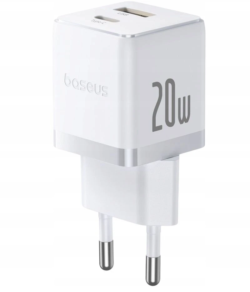 Baseus Sieninis įkroviklis Palm 20W USB + USB-C QC3.0 PD3.0 su USB-C kabeliu 1m, baltas