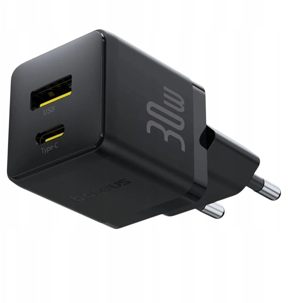 Baseus Sieninis įkroviklis Palm 30W USB + USB-C QC3.0 PD3.0 su USB-C kabeliu 1m, juodas