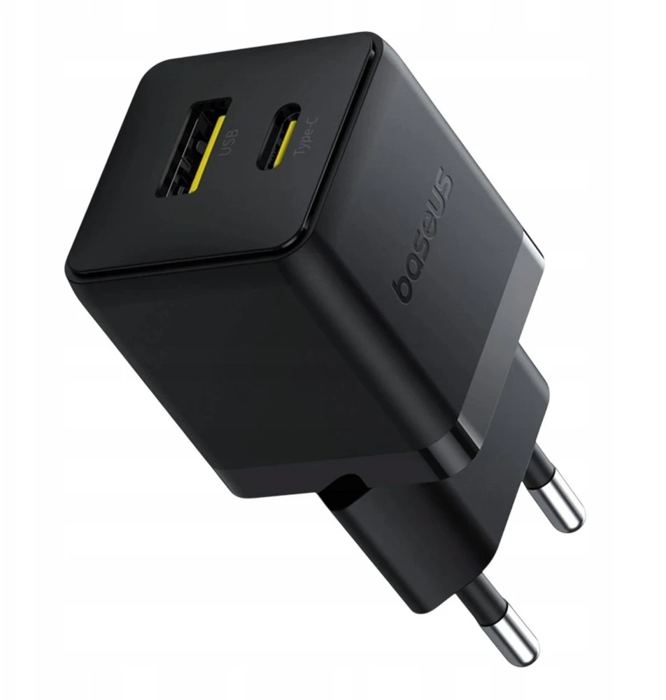 Baseus Sieninis įkroviklis Palm 30W USB + USB-C QC3.0 PD3.0 su USB-C kabeliu 1m, juodas