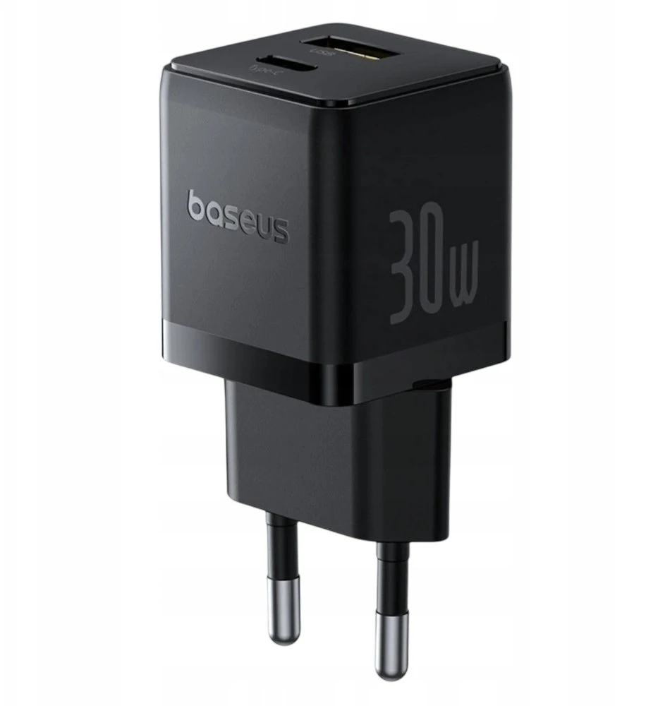 Baseus Sieninis įkroviklis Palm 30W USB + USB-C QC3.0 PD3.0 su USB-C kabeliu 1m, juodas