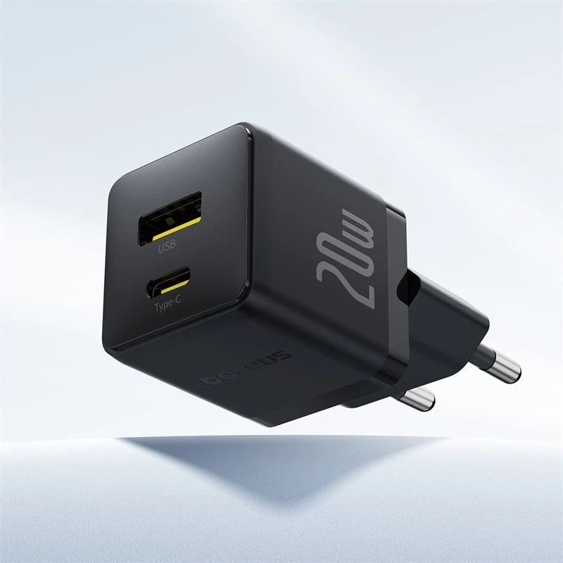 Baseus Sieninis įkroviklis Palm 20W USB + USB-C QC3.0 PD3.0 su USB-C kabeliu 1m, juodas