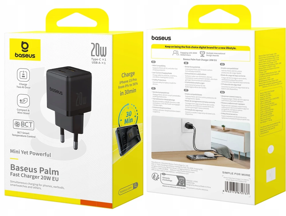 Baseus Sieninis įkroviklis Palm 20W USB + USB-C QC3.0 PD3.0 su USB-C kabeliu 1m, juodas