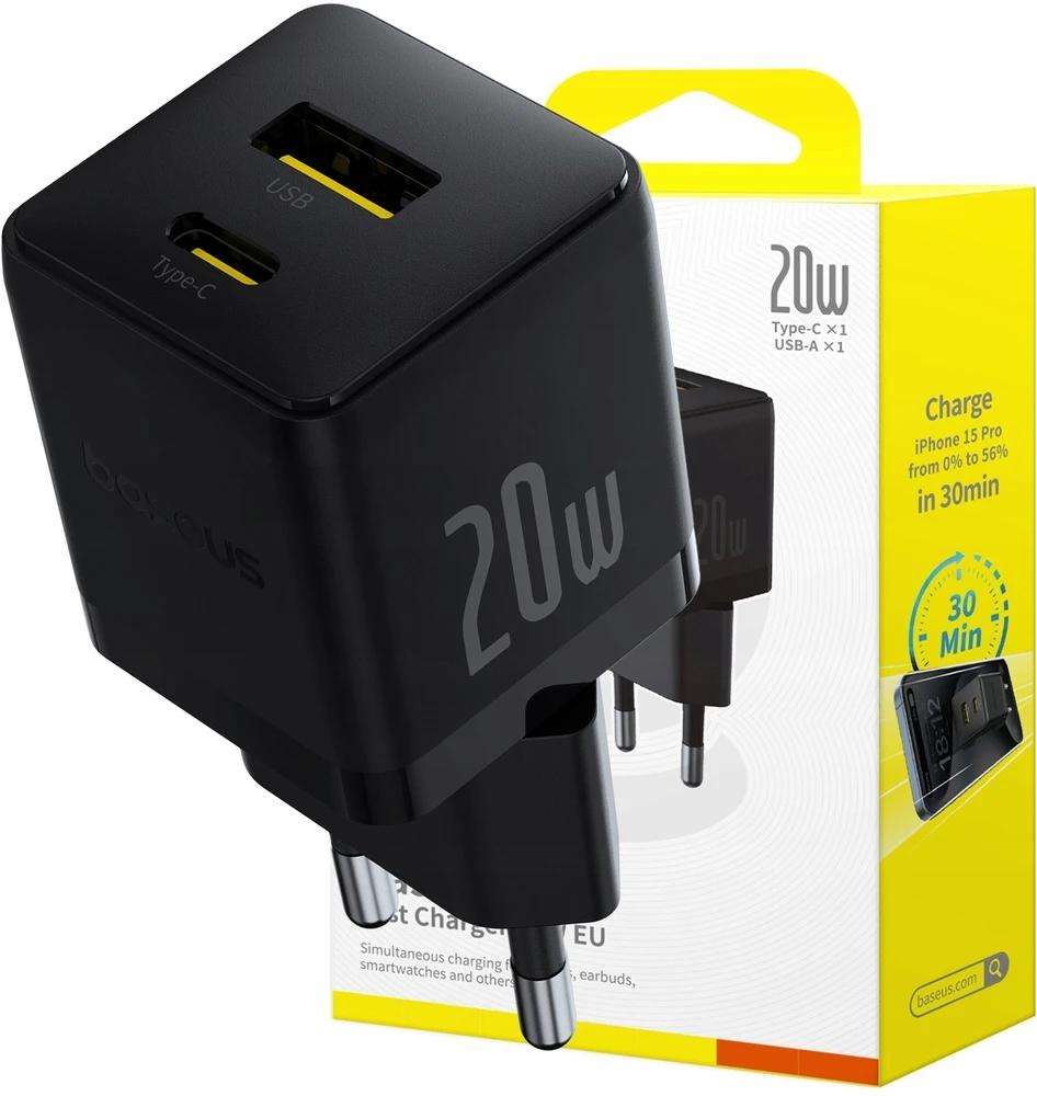 Baseus Sieninis įkroviklis Palm 20W USB + USB-C QC3.0 PD3.0 su USB-C kabeliu 1m, juodas