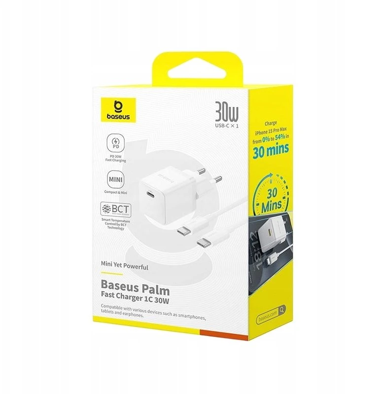 Baseus Sieninis įkroviklis Palm 30W USB-C QC3.0 PD3.0 su USB-C kabeliu 1m, baltas