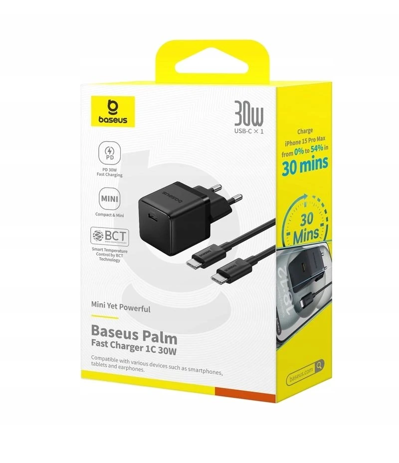 Baseus Sieninis įkroviklis Palm 30W USB-C QC3.0 PD3.0 su USB-C kabeliu 1m, juodas