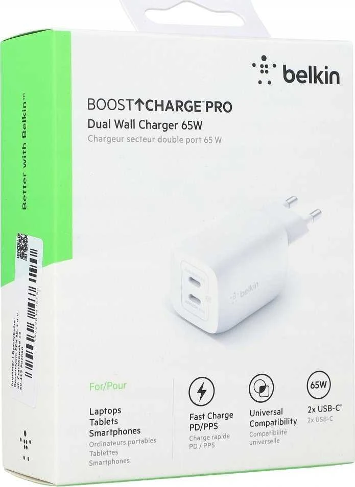 Įkroviklis - Belkin WCH013vfWH 65W GaN Dvigubas USB-C Baltas