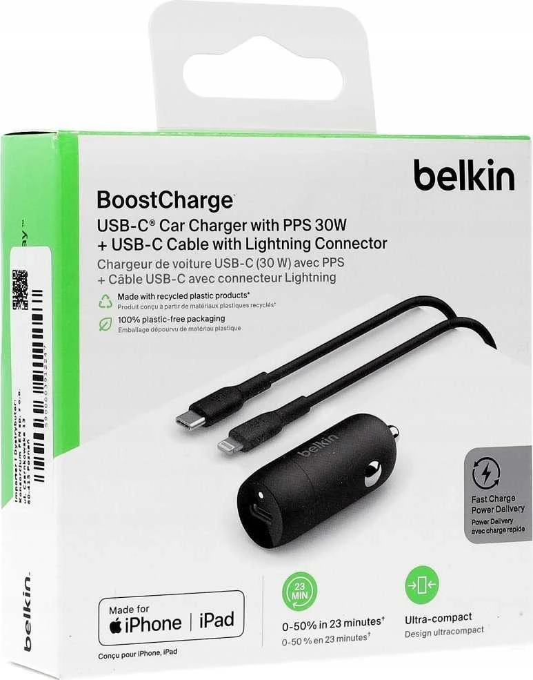 Belkin 30W USB-C, PD, PPS, juoda + kabelis Lightning