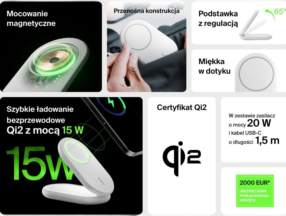 Belkin MagsSafe Qi2 15W balta su adapteriu 20W