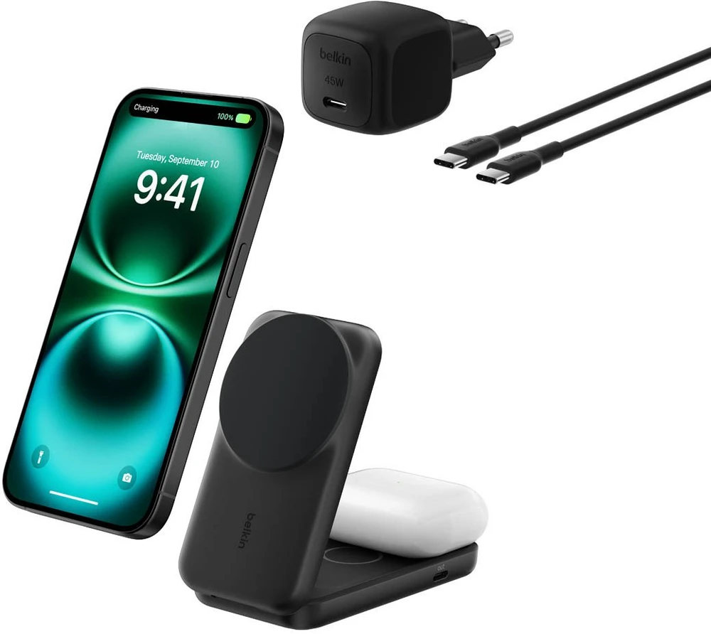 Belkin „UltraCharge“ 25 W Qi2 magnetinis 2 viename sulankstomas įkroviklis, juodas WIZ038kqBK